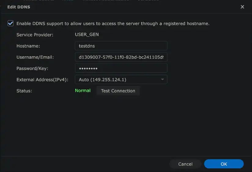 Synology DSM Edit DDNS dialogue showing the GEN provider, hostname testdns and status Normal